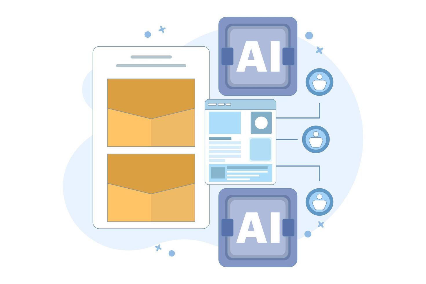 Email automation concept, AI based email campaign, Businesses use email automation to schedule and trigger customer messages to audiences. Flat illustration on background. vector