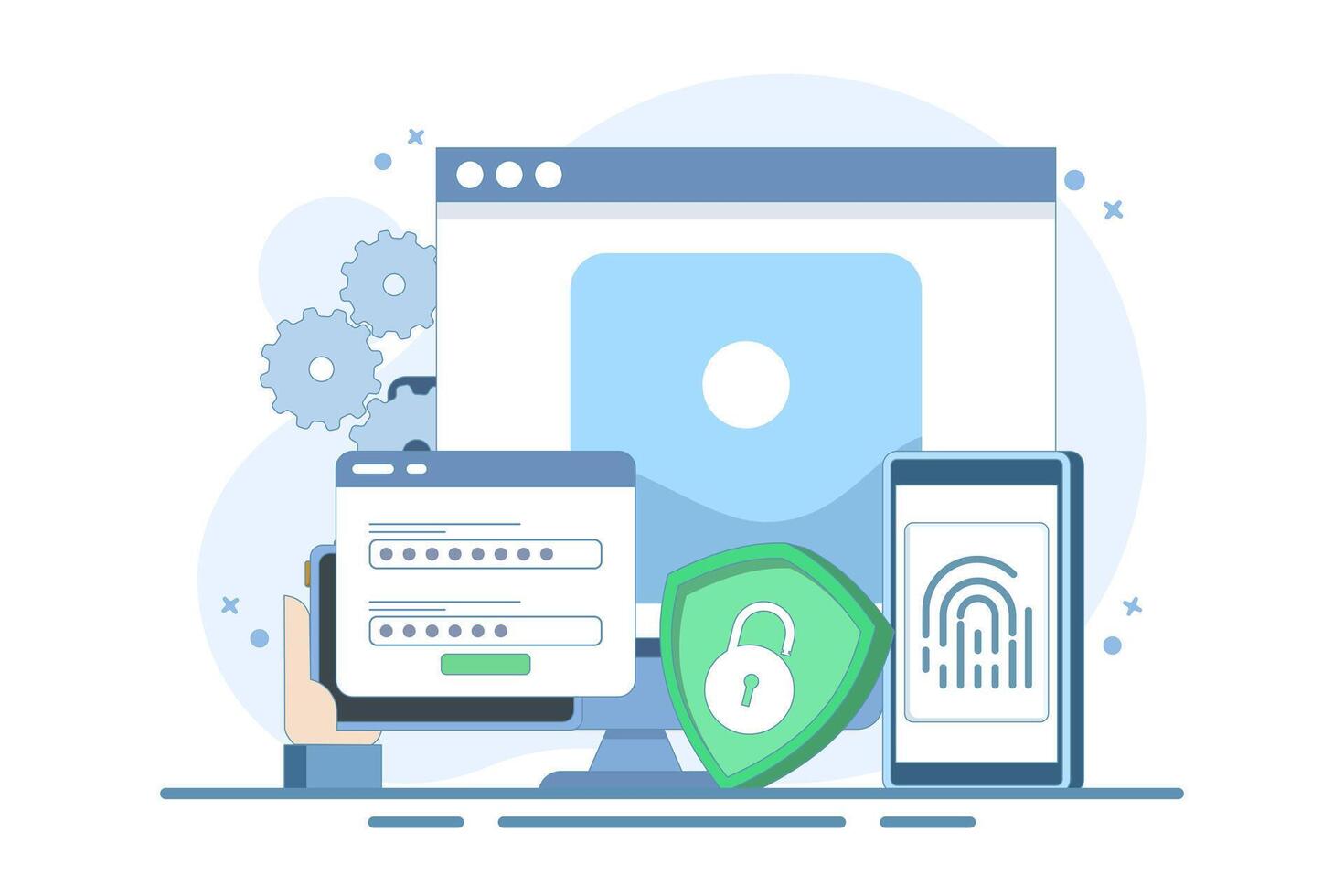 Flat general data security concept, personal information protection, database access control, cyber privacy, synchronized gadgets, cross-platform device regulation. Design illustration. vector