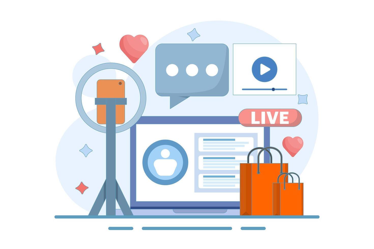live broadcast host concept. marketing and promotion. explaining product information and interacting with viewers. live streaming and offering products. flat illustration on background. vector
