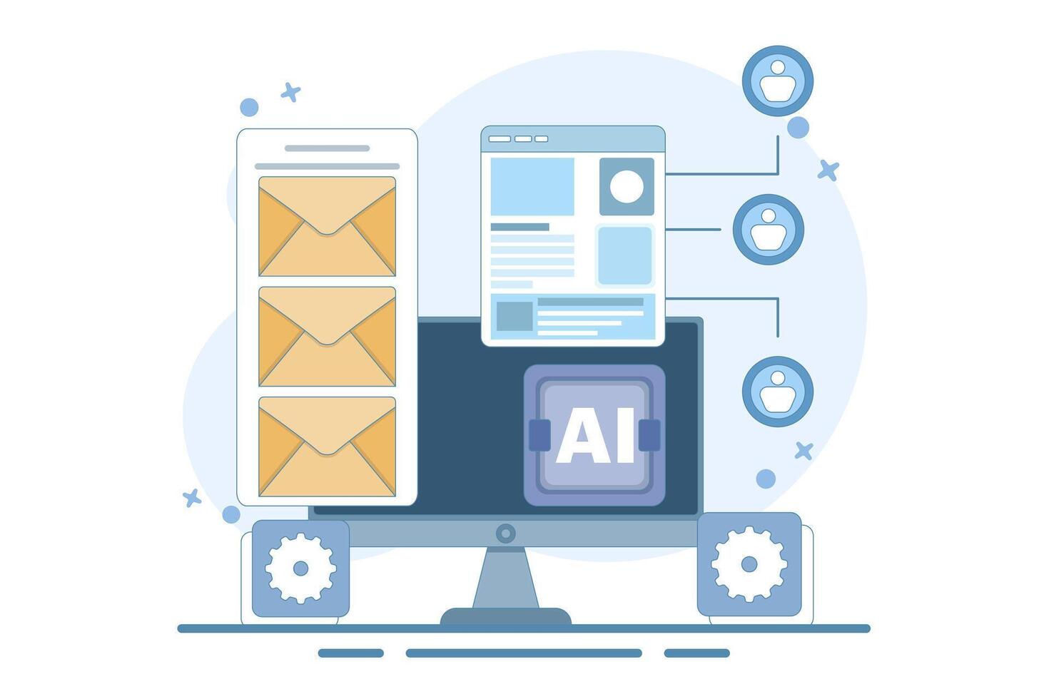 Email automation concept, AI based email campaign, Businesses use email automation to schedule and trigger customer messages to audiences. Flat design illustration on background. vector
