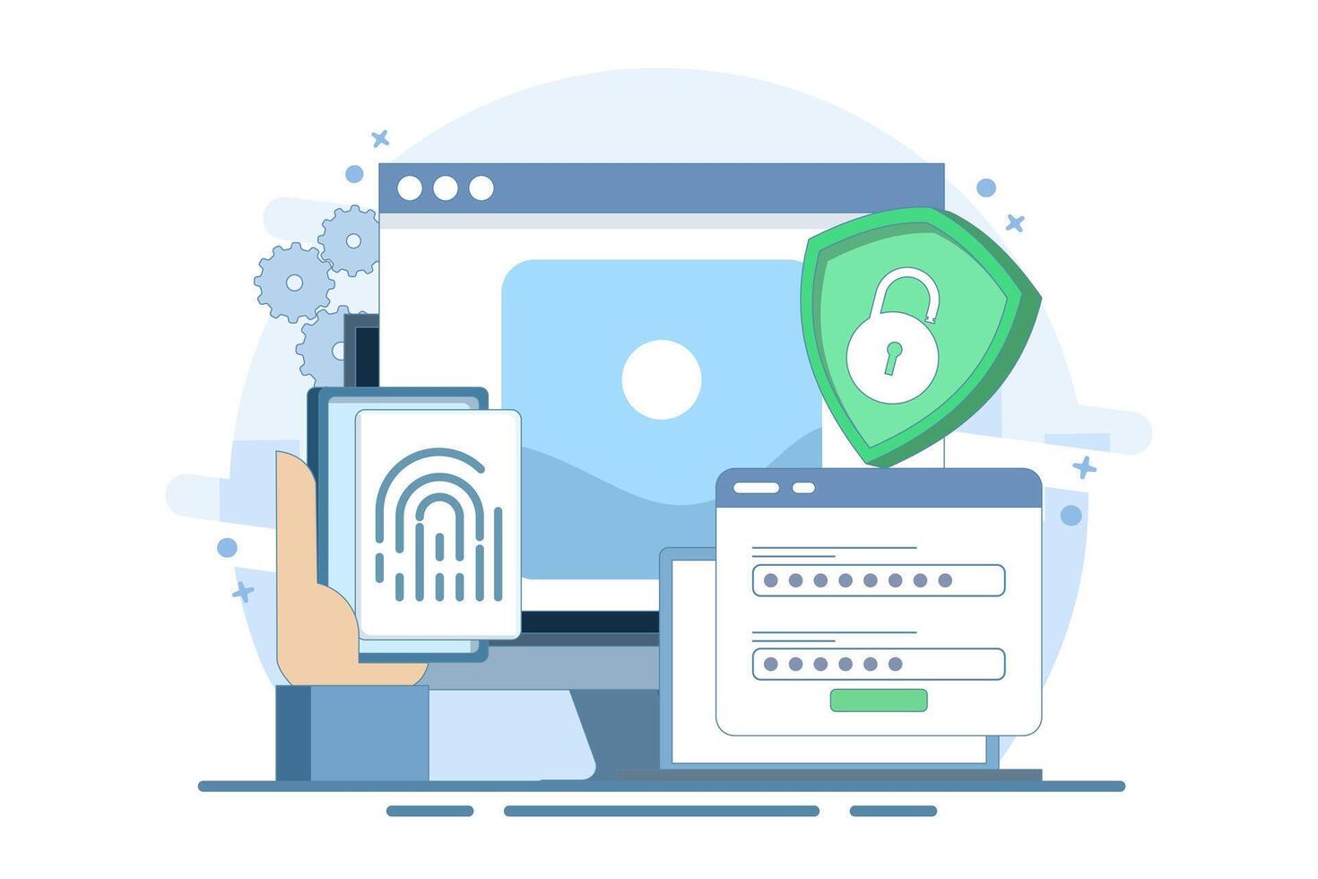 Flat general data security concept, personal information protection, database access control, cyber privacy, synchronized gadgets, cross-platform device regulation. Flat illustration. vector