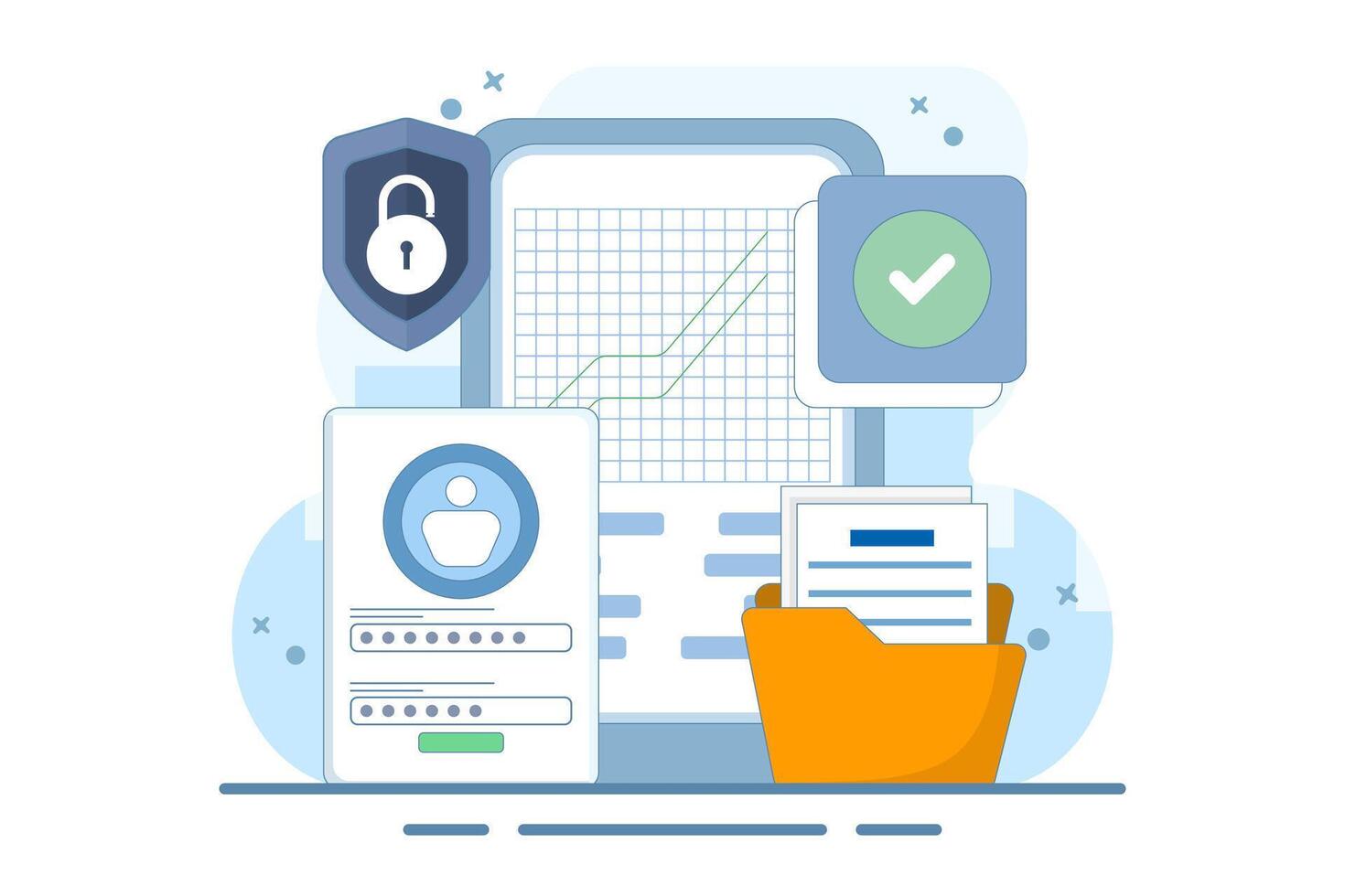 Mobile device security concept with password. Flat developer prepares security system to protect user account data and master password. illustration design on background. vector