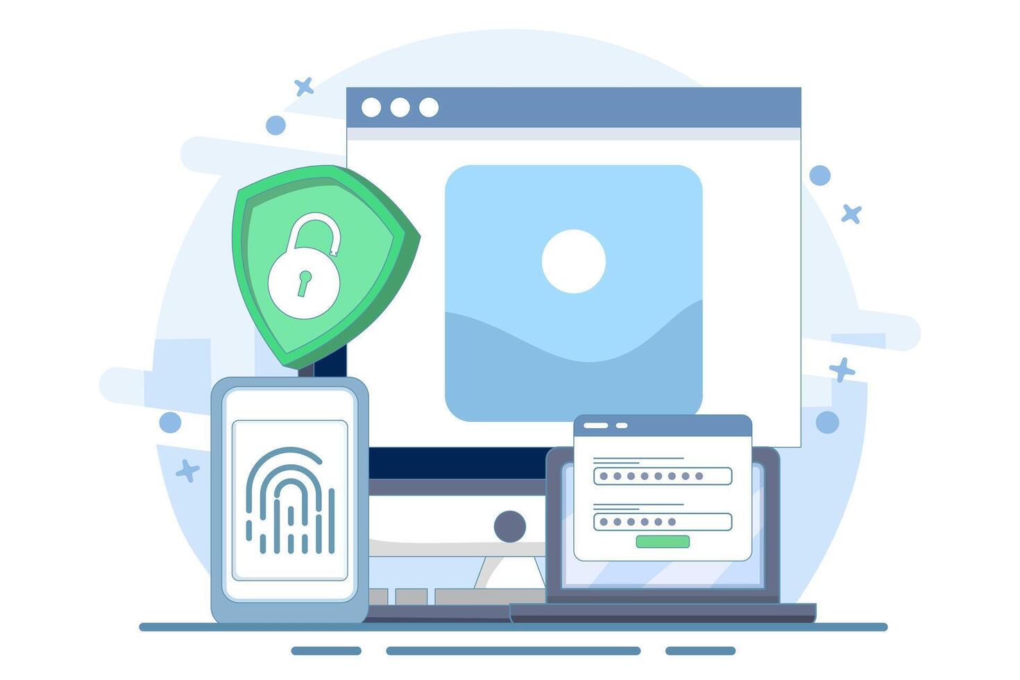 Flat general data security concept, personal information protection, database access control, cyber privacy, synchronized gadgets, cross-platform device regulation. Flat design illustration. vector