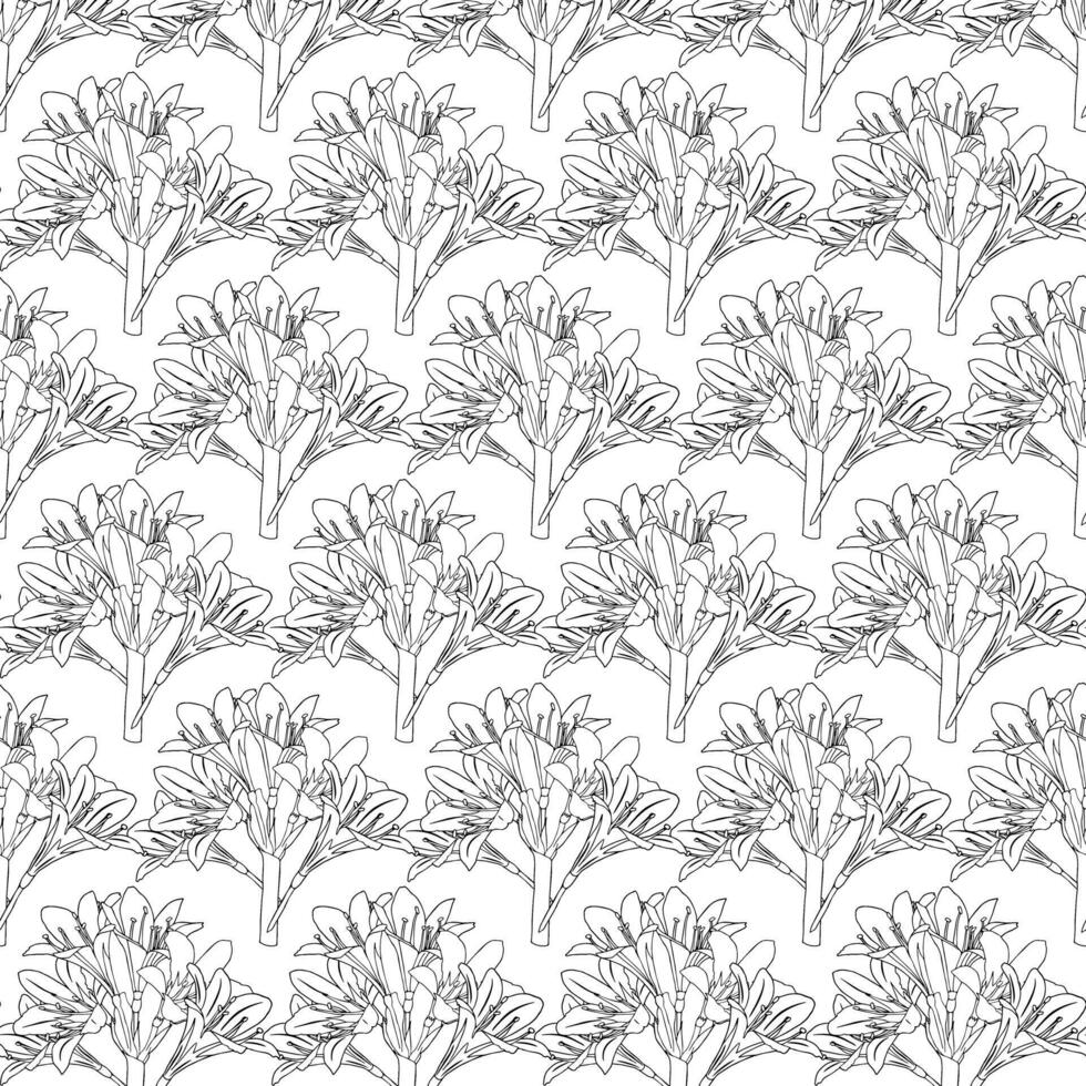 Lush branch with lilies on a short stem. Doodle style. Seamless pattern. vector