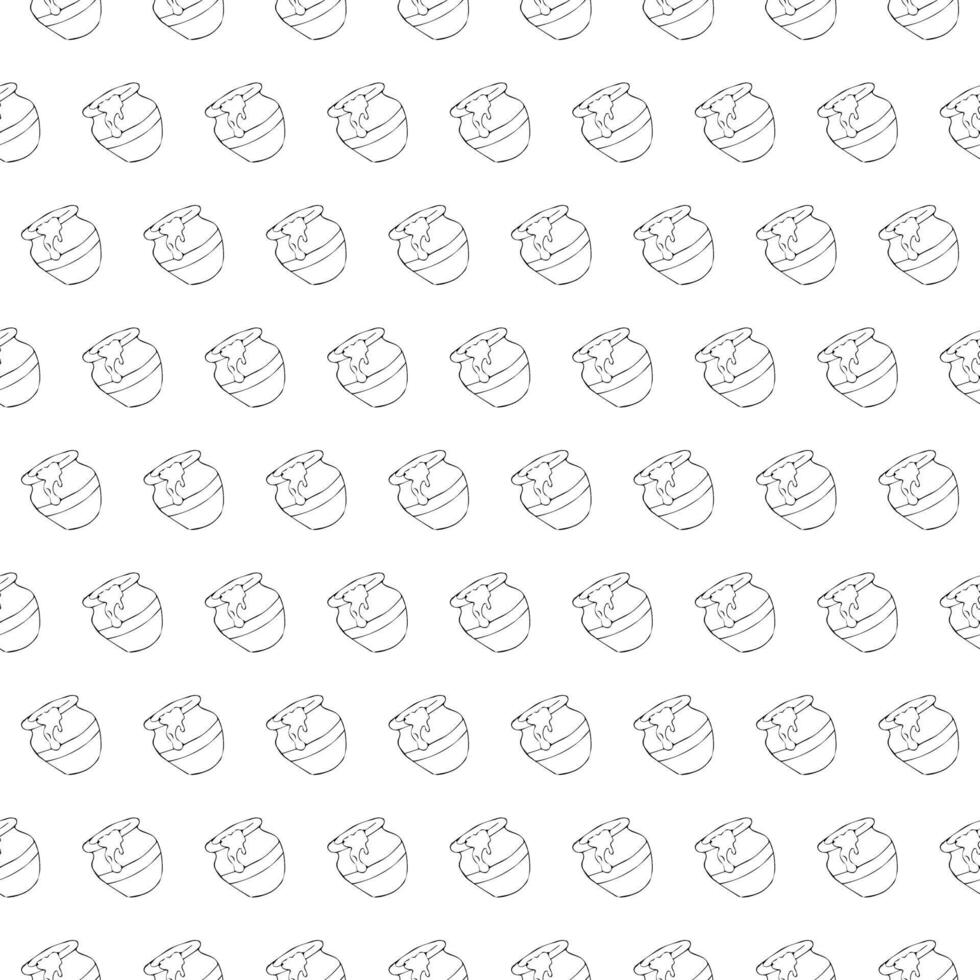 Honey in a clay pot with a dripping drop. Doodle style. Seamless pattern. vector