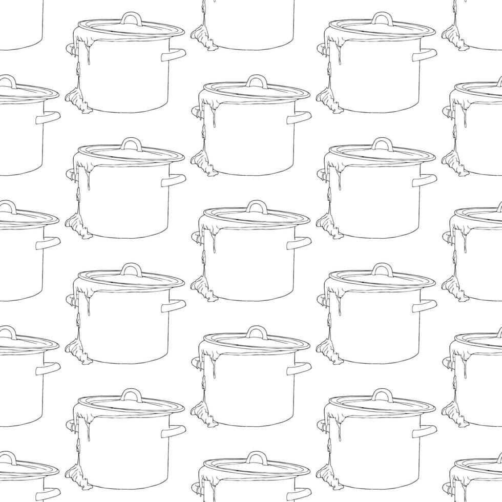 Food running out of a saucepan. Doodle style. Seamless pattern. vector