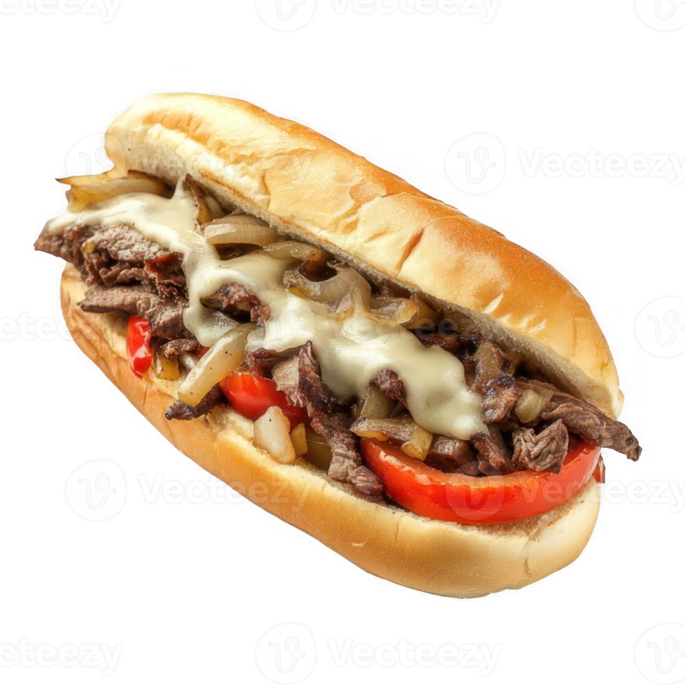 Tasty hot dog with meat, mushrooms and vegetables. Philly Cheesesteak png