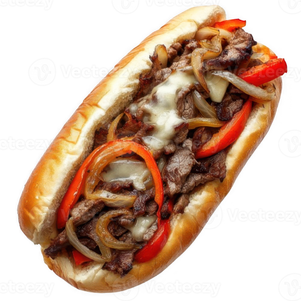 Tasty hot dog with meat and vegetables. Philly Cheesesteak png