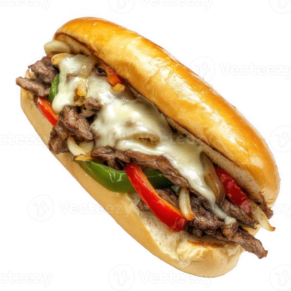 Sandwich with beef, cheese and vegetables. Philly Cheesesteak png