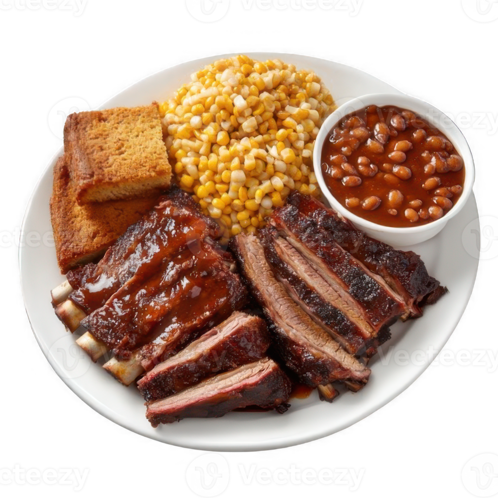 Grilled beef ribs with corn and beans, top view png