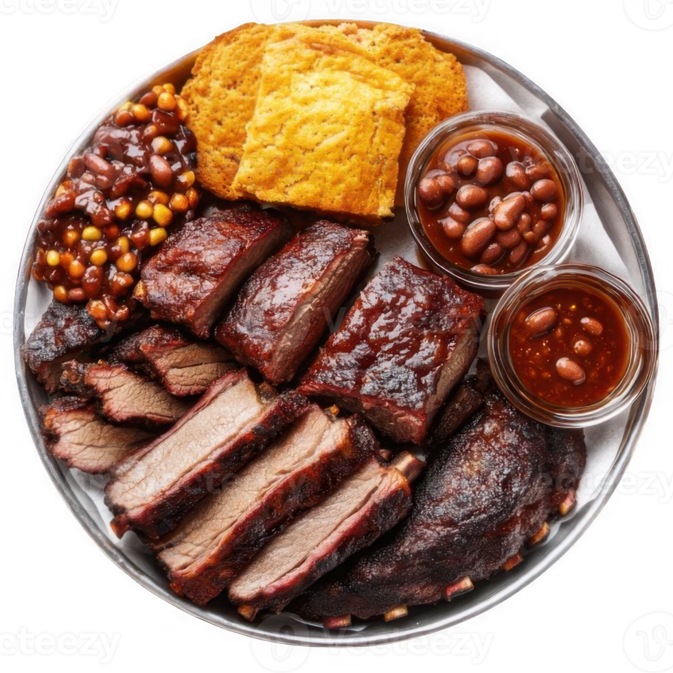 Slices of grilled beef belly with baked beans and pickles png