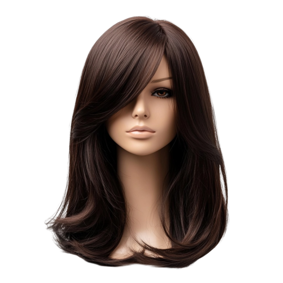 A mannequin head with long brown hair png
