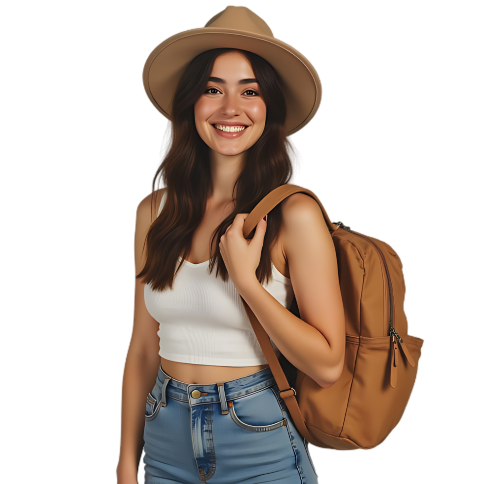 a woman wearing a hat and a backpack png