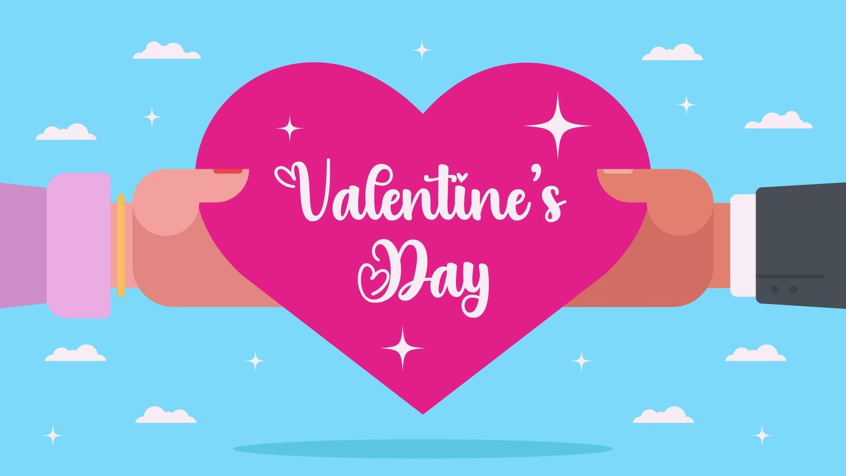 Valentine's Day with couple holding pink love on blue background with clouds vector