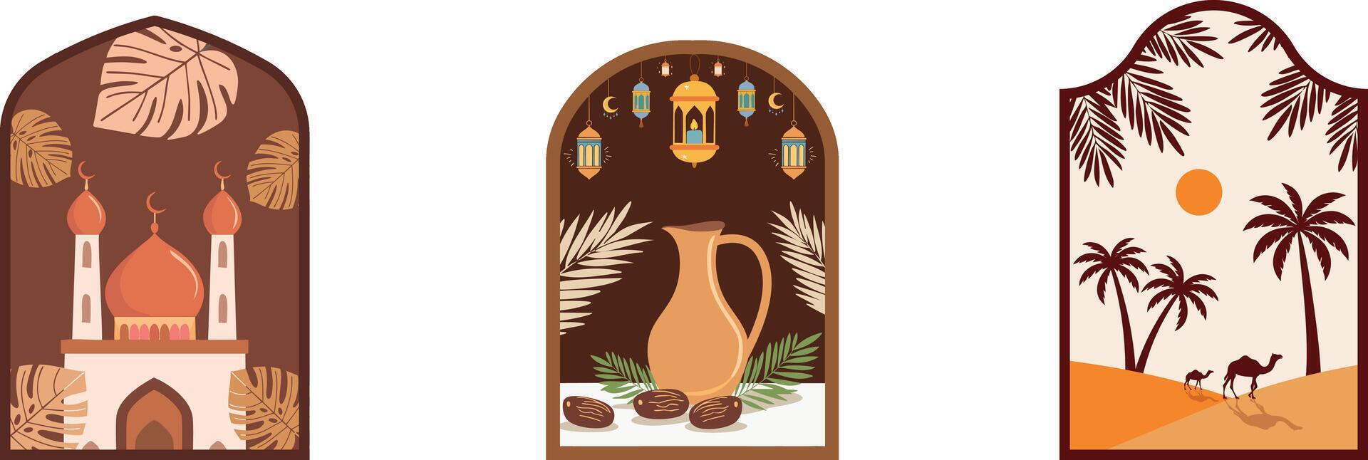 bohemian style ramadan flat illustration in islamic window frame vector