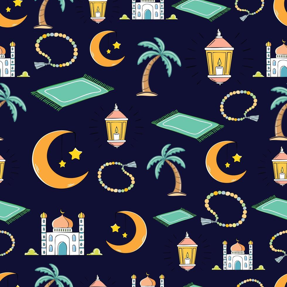 ramadan hand drawn pattern illustration on dark background vector