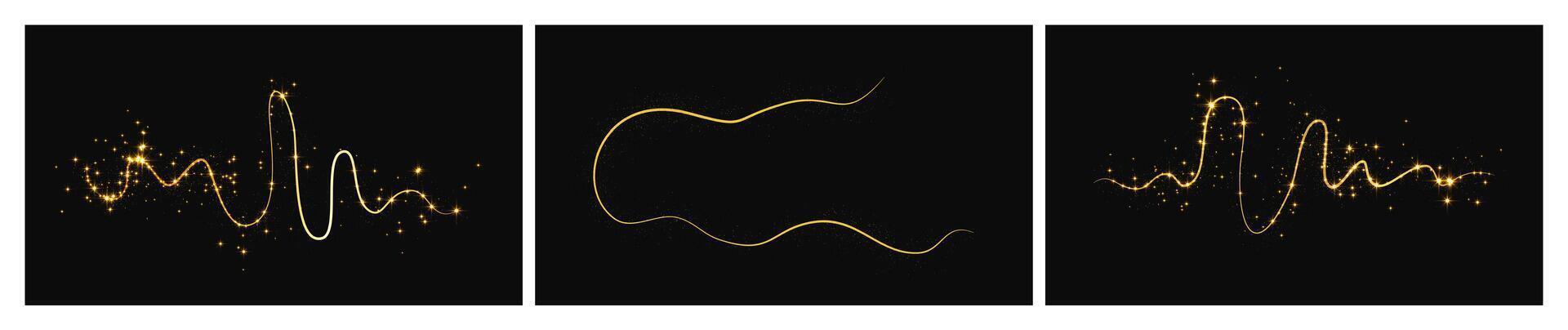 Gold glittering confetti wave and stardust. Set of three backdrops with magical sparkles on dark background. illustration vector