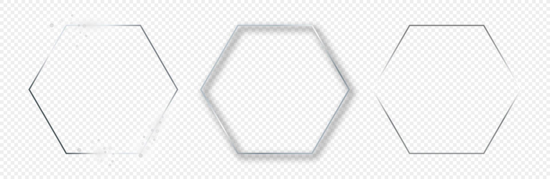 Set of three silver glowing hexagon frames isolated on background. Shiny frame with glowing effects. illustration vector
