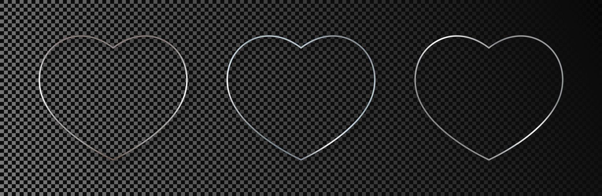 Set of three silver glowing heart shapes isolated on dark background. Shiny frame with glowing effects. illustration vector
