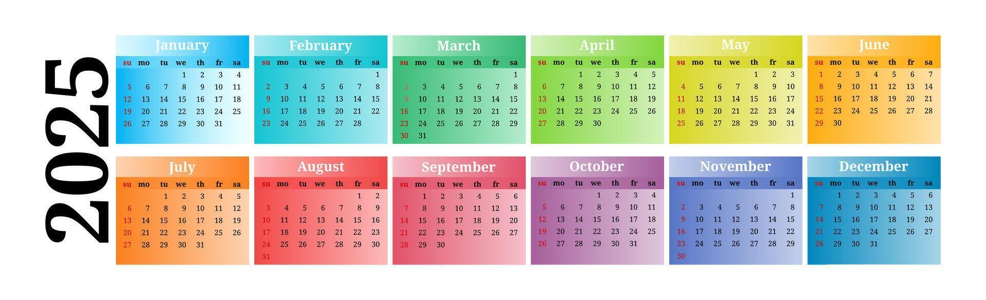 Horizontal calendar for 2025 isolated on a white background. Sunday to Monday, template. illustration vector