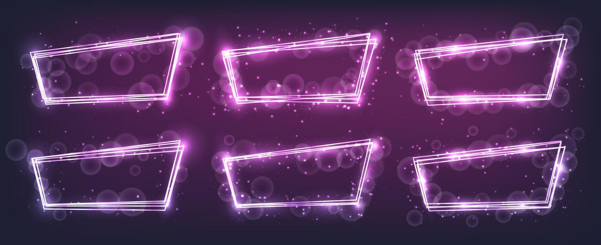 Set of neon frames with shining effects and sparkles on dark background. Empty glowing techno backdrop. illustration vector