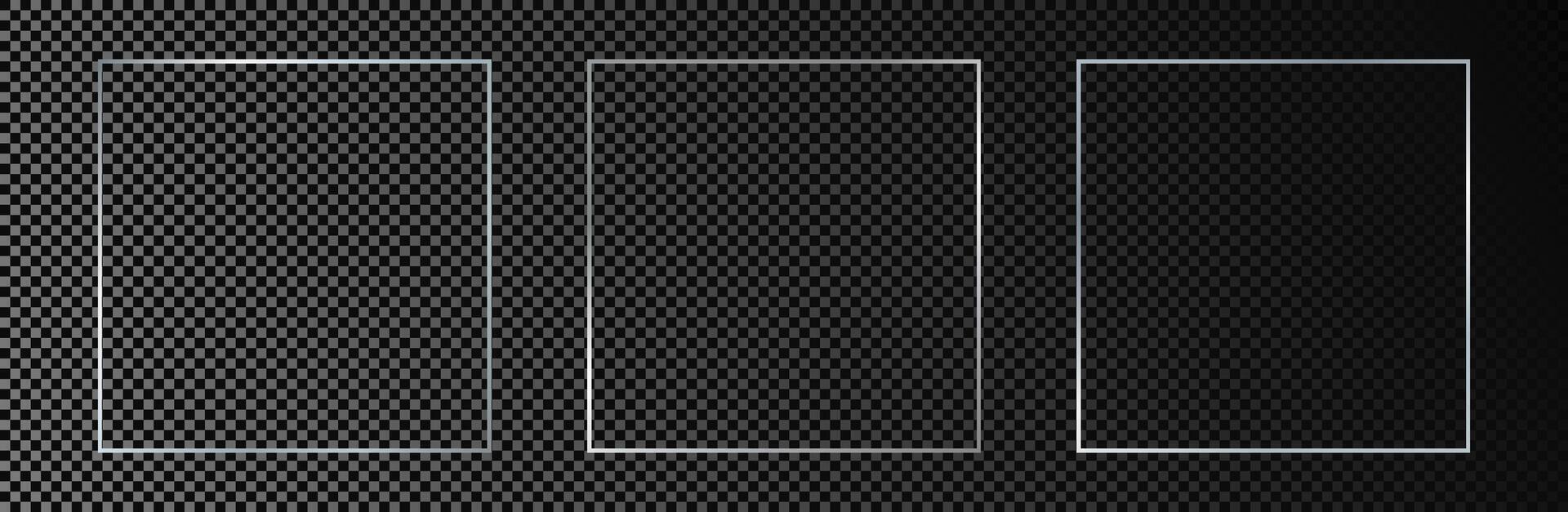 Set of three silver glowing square frames isolated on dark background. Shiny frame with glowing effects. illustration vector