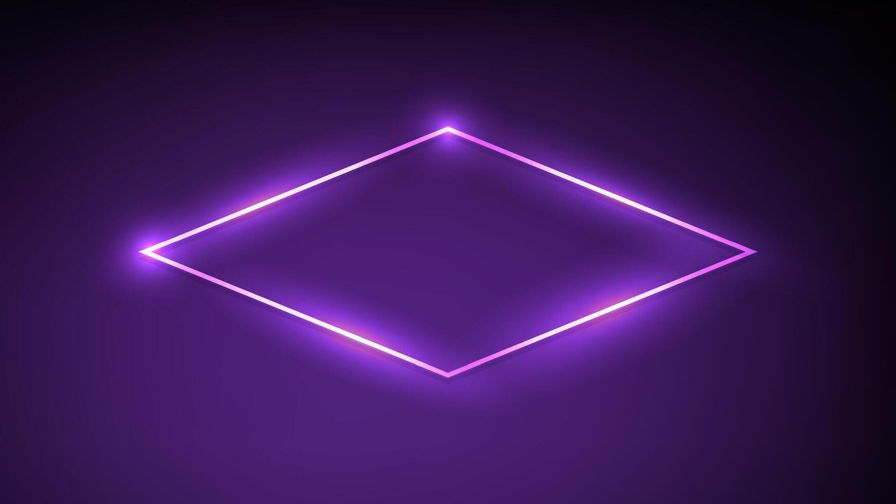 Neon rhomb frame with shining effects on dark purple background. Empty glowing backdrop. illustration vector