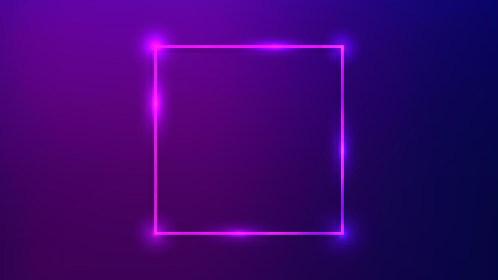 Neon square frame with shining effects on dark purple background. Empty glowing techno backdrop. illustration vector