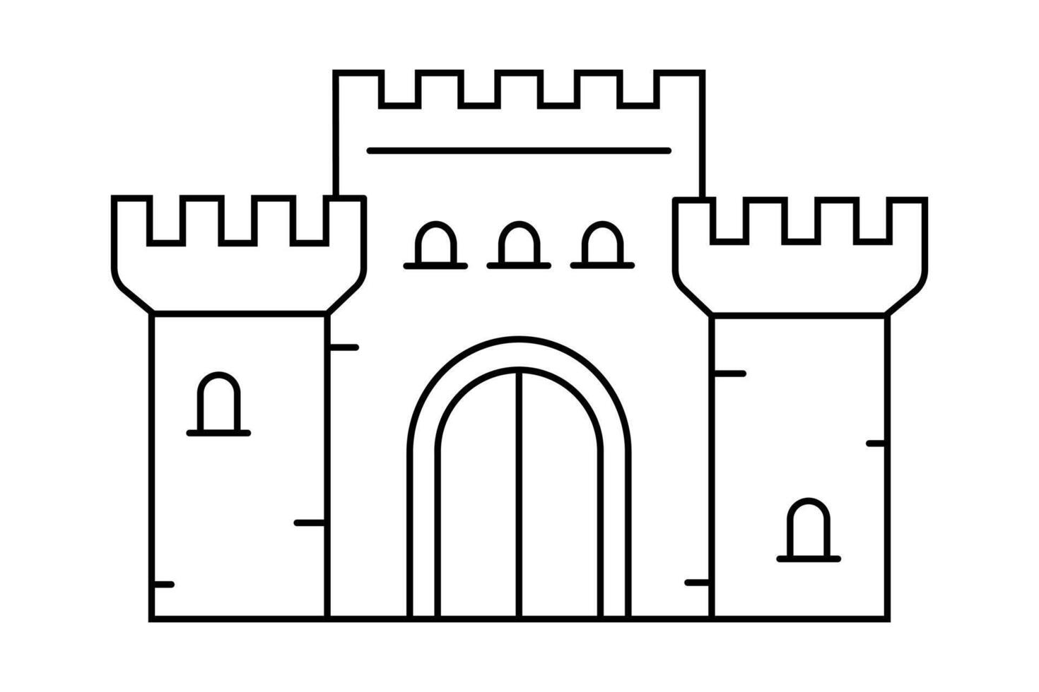 Hand drawn cute outline illustration of medieval castle. Flat protection building sticker line art doodle. Safety fortress tower icon. Old stone building with wall. Security system. Isolated. vector