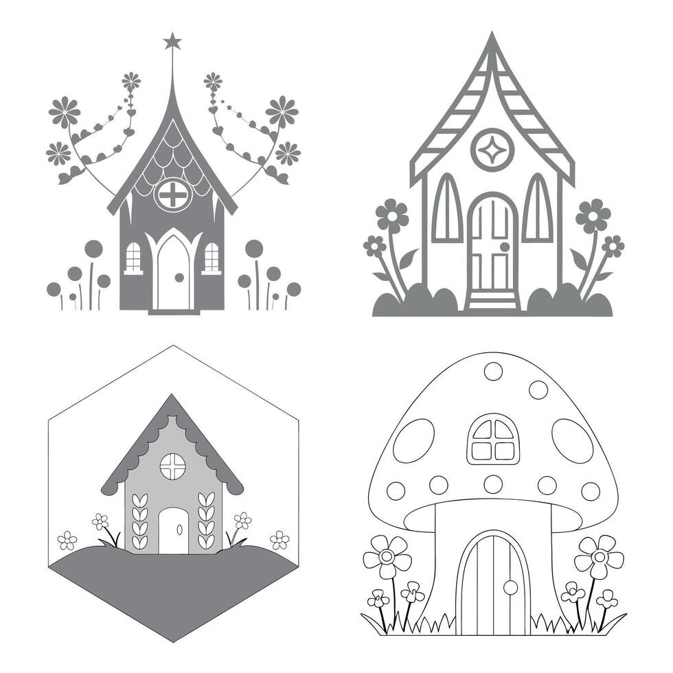Hand drawn cute fantasy house coloring page line art for kids vector