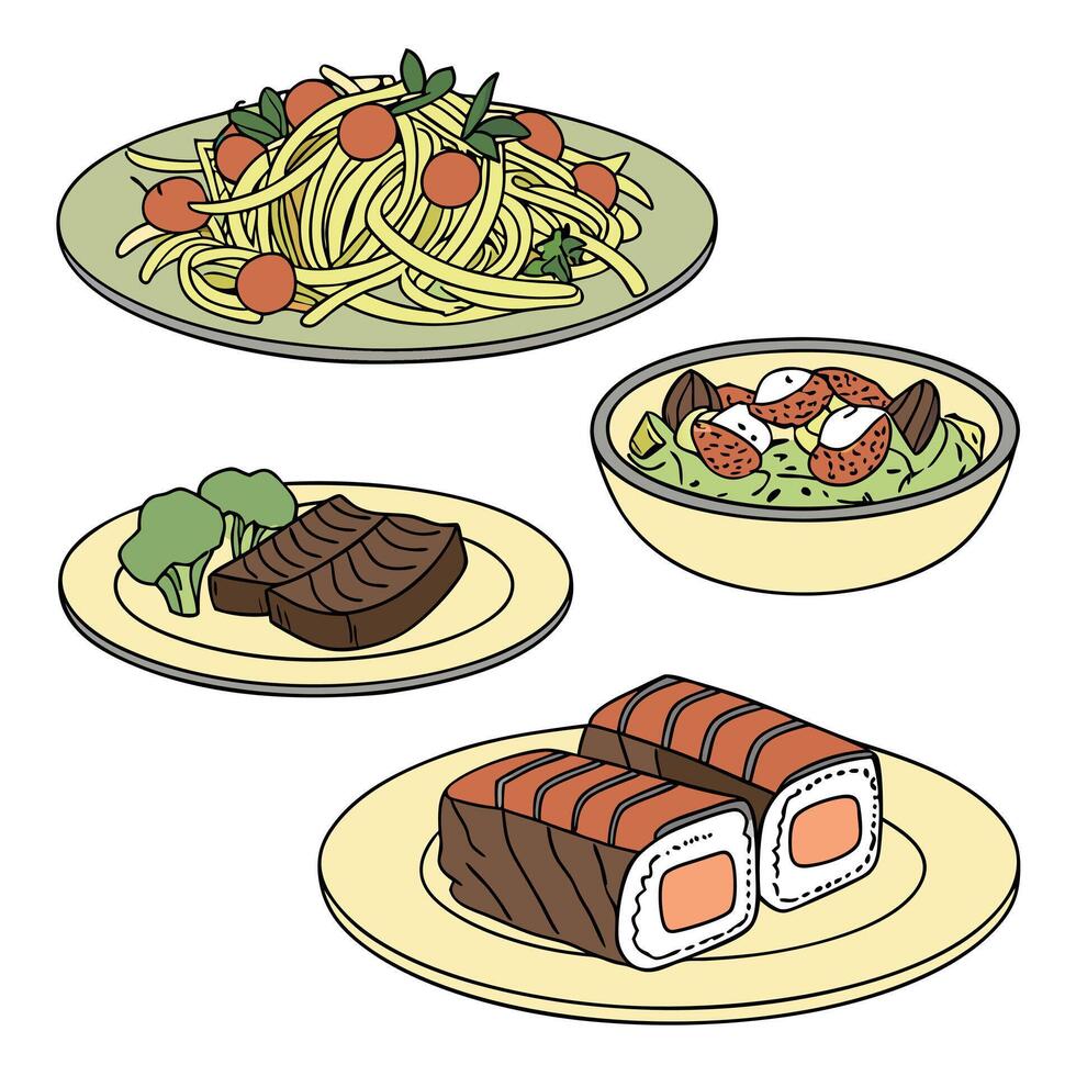 A set of four plates with pasta, sweets and vegetables vector