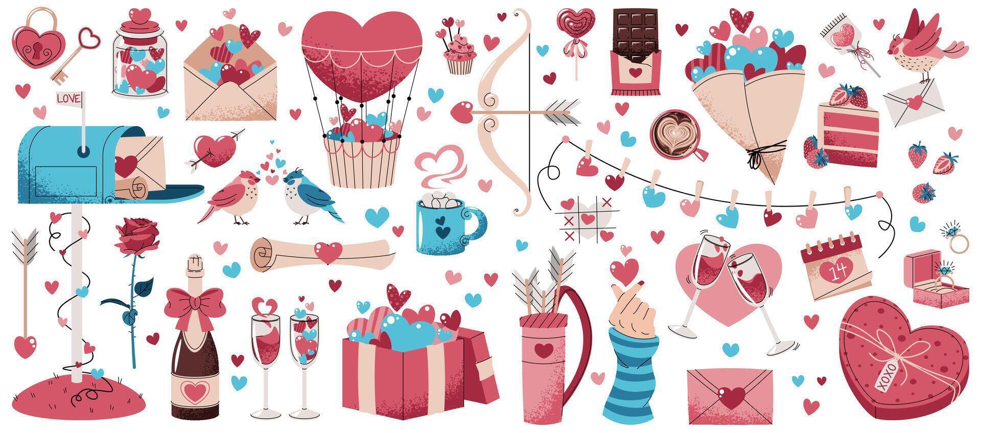 Valentine's day hand drawn cute elements set. Lovely vintage stickers in doodle style. Mailbox, bird, candy, cake, gift, champagne vector