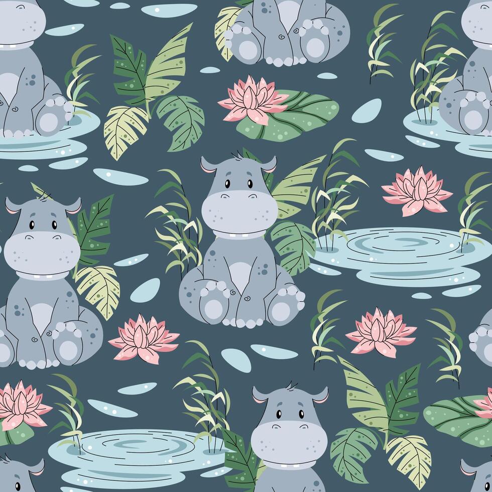 Seamless pattern with African animals. Cute children s texture with hippopotamus in a pond with lily. illustration for children s wallpapers, background vector