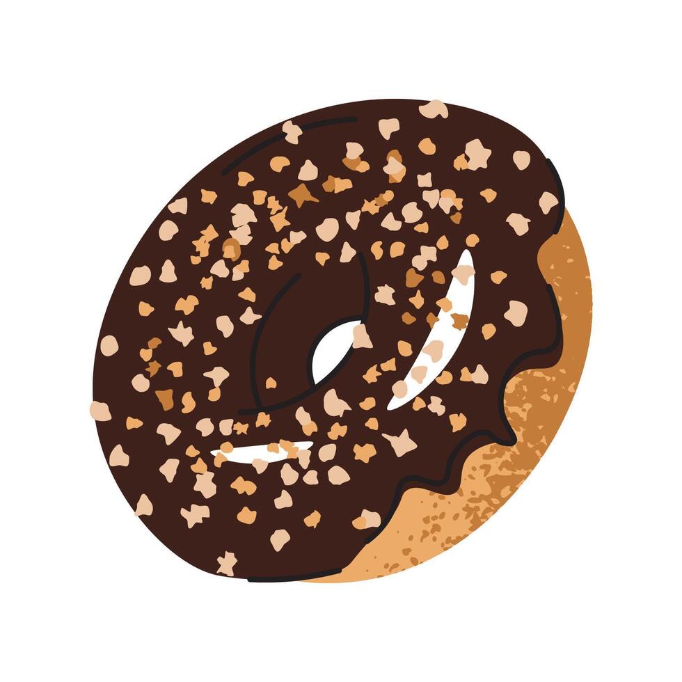 Sweet whole donut, doughnut ring with chocolate icing and candy sprinkles. Flat cartoon illustration isolated on white background vector