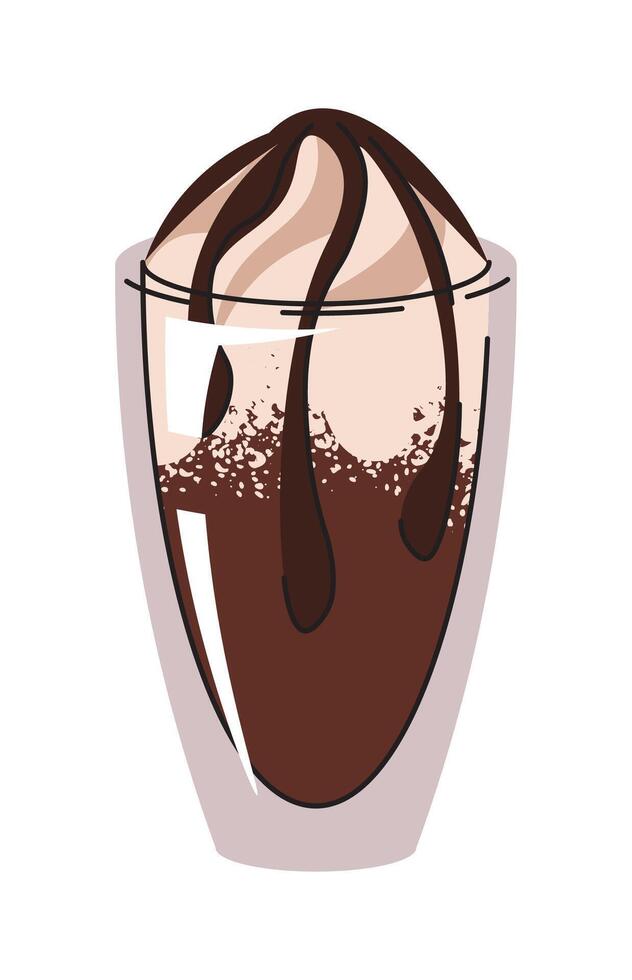 Hot coffee beverage with milk foam and chocolate. Espresso, cup of americano, cappuccino and latte in glasses. illustration of blended coffee for logo, advertising, sticker, icon. Flat cartoon vector