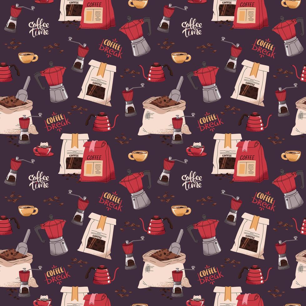 Seamless pattern with coffee bag, moka pot, teapot, coffee grinder. Repeating texture with coffee accessories and tools. Barista tools. Coffee time. vector