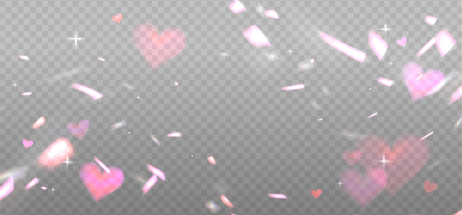 Prism pink romantic light sparkles overlay, crystal shine of heart light with flares. Prism light glasses or lens flare spectrum of gem glass refraction and sunlight shiny dispersion. vector