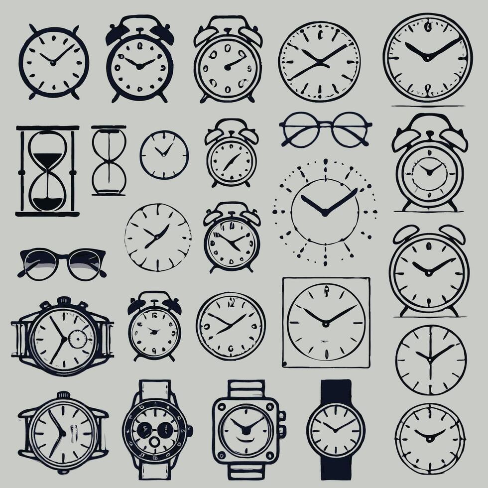 Set of clock icons. Black and white design. Clock icon set isolated on white background. Set of black and white hand-drawn wristwatches. Time icons set. Clock, alarm clock, hourglass, timer. vector