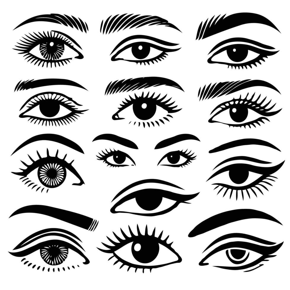 Hand drawn illustration. Different types of eyelashes. Set of different female eyes. Minimalist black and white silhouettes of various eyes with clear lines on a white background. vector