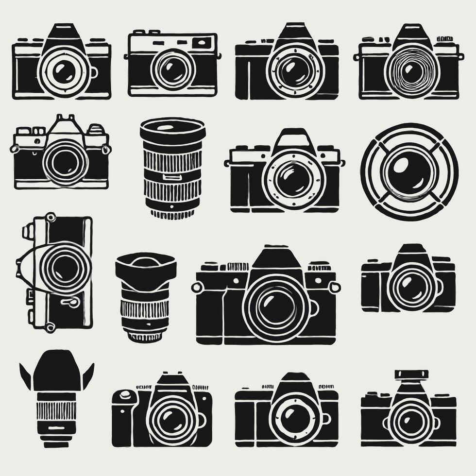 Black on white illustration. Simple set of camera icons for web design on white background. Minimalist clear silhouettes of various camera items on a white background with sharp lines. vector