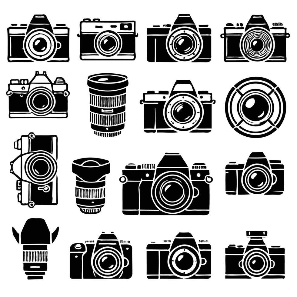 Set of vintage cameras. Simple set of camera icons for web design on white background. Minimalist clear silhouettes of various camera items on a white background with sharp lines. vector