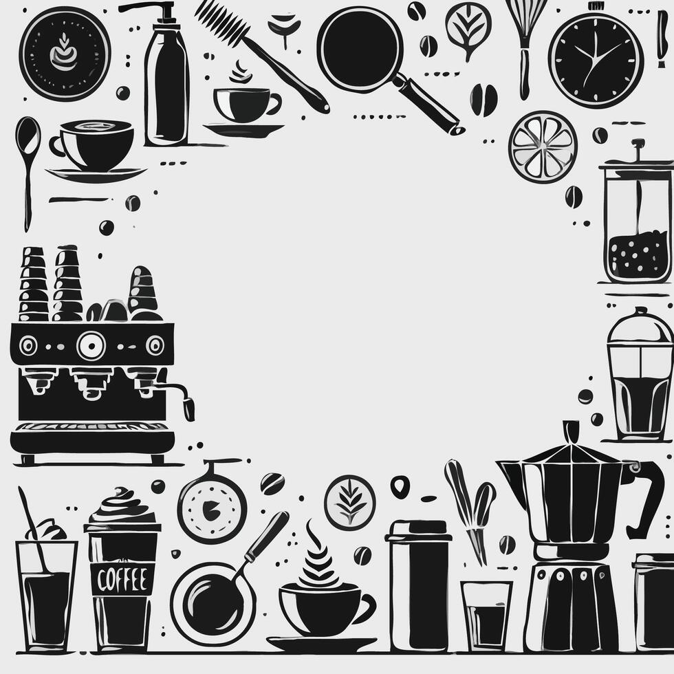 Illustration of a coffee shop. Illustration of a menu. Set of silhouettes of utensils. Set of drinks. Illustration of cup and coffe. Hand drawn illustration. vector