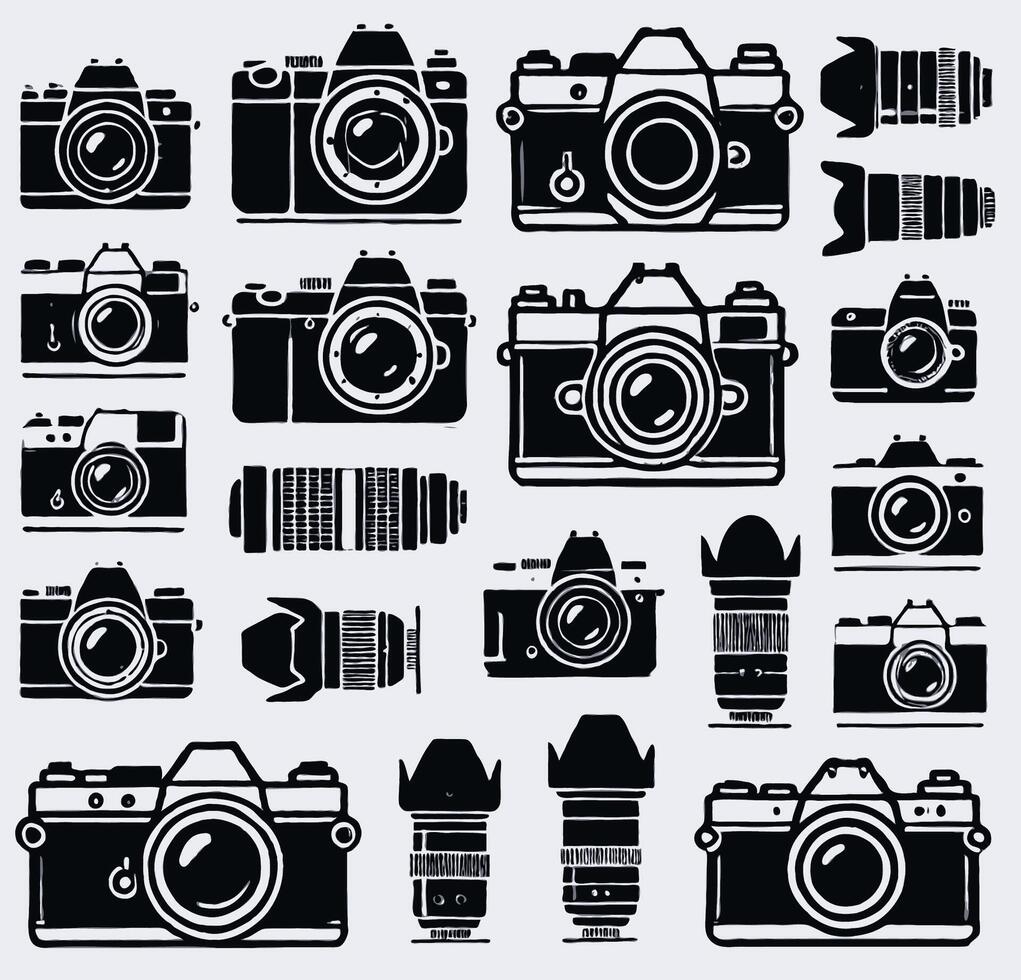 Photography equipment icons for web. Simple set of camera icons for web design on white background. Minimalist clear silhouettes of various camera items on a white background with sharp lines retro. vector