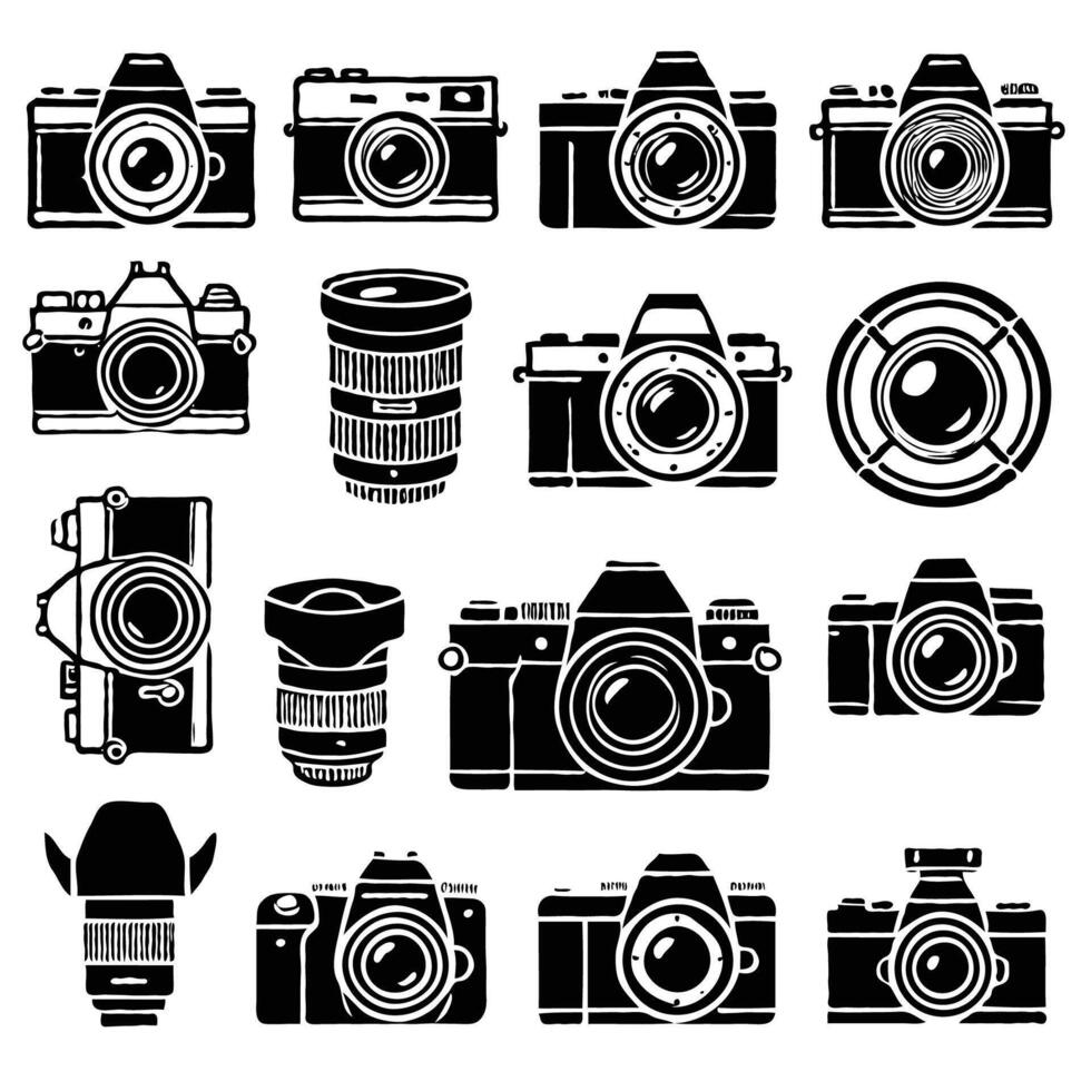 Set of vintage cameras. Photography equipment icons for web. Minimalist clear silhouettes of various camera items on a white background with sharp lines. vector