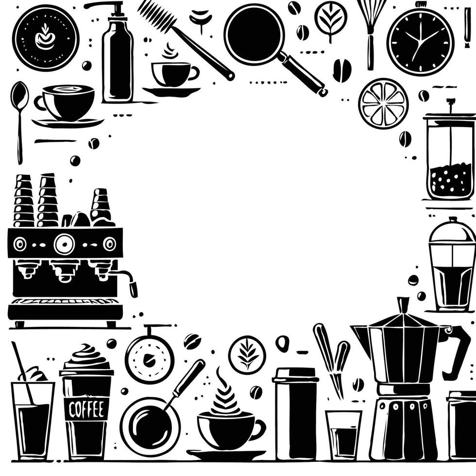 Set of bar utensils and beverages. Coffee and tea icons set. Hand drawn illustration. Set of drinks doodle icons. Hand drawn illustration. vector