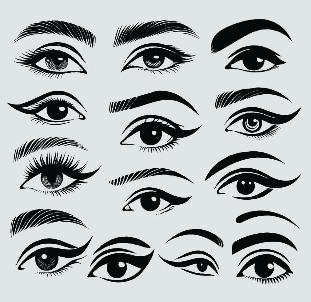 Set of eyes. Different types of eyelashes. Set of female eyes. Hand drawn illustration isolated on white background. Eye icon set. Eyelash extensions, mascara, eyelashes, eyelash extensions. vector