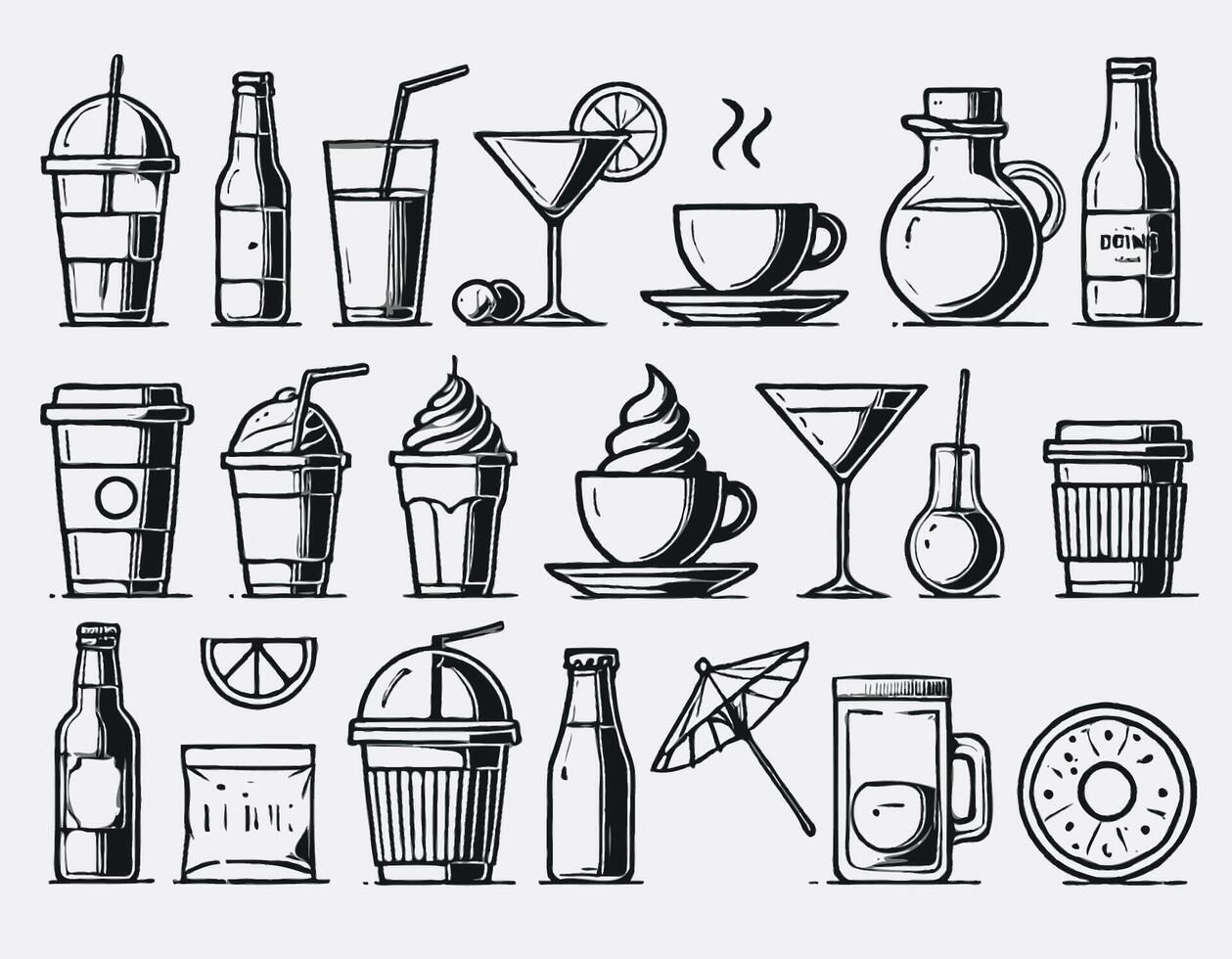 Coffee background with hand drawn doodle elements. Set of drinks and food icons. Black and white. Set of hand drawn drinks icons. Isolated on white background. vector