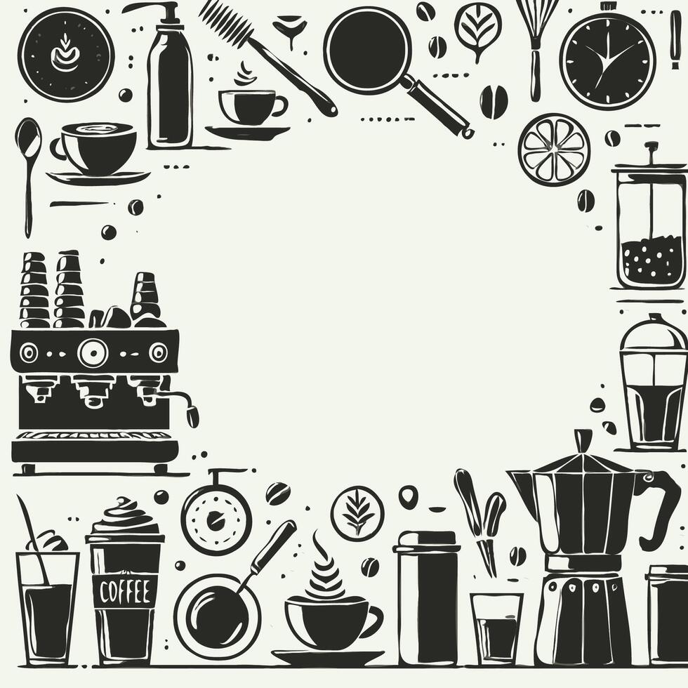 Bartender icons set. Coffee background with hand drawn doodle elements. Illustration of a coffee shop. Hand drawn illustration. Outline illustration of drink icons for web design. vector