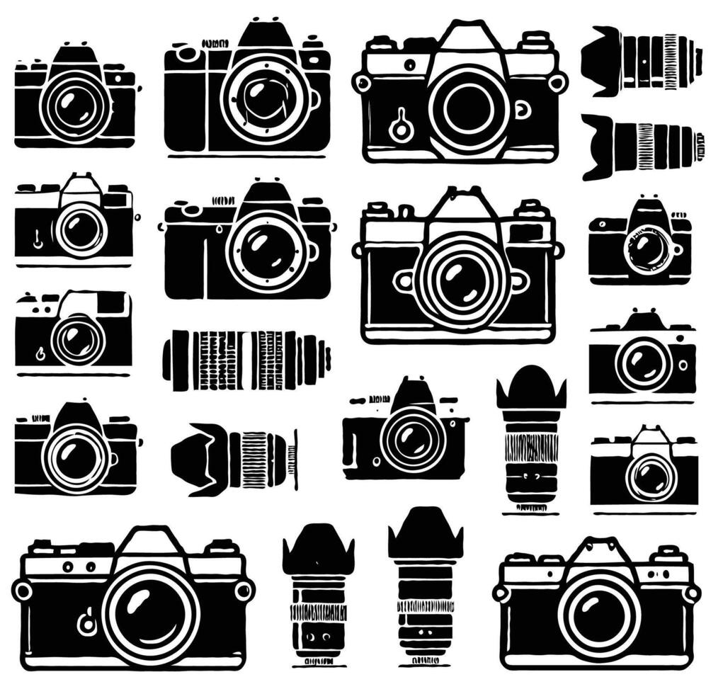Collection of cameras. Camera icons set. Photography equipment icons set. Simple set of camera icons for web design on white background. vector