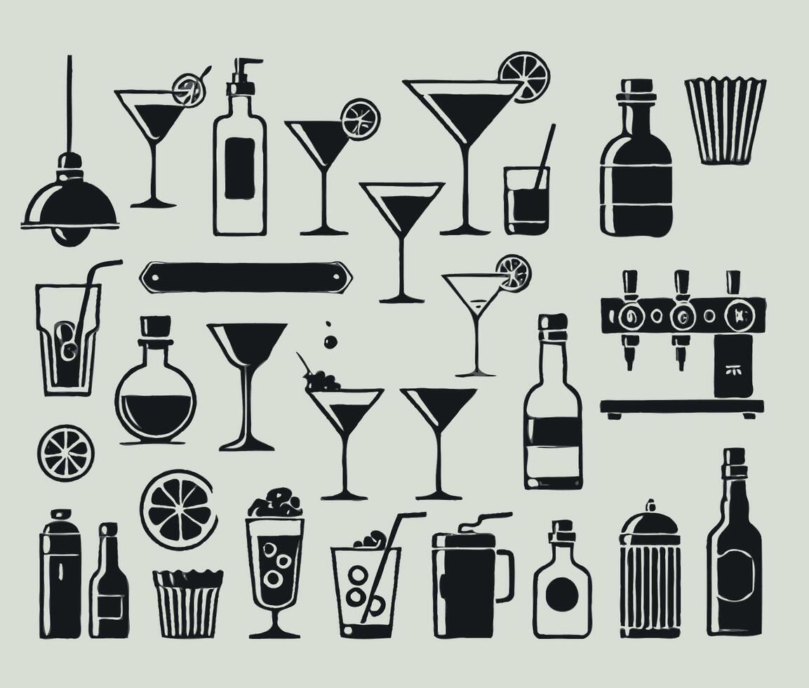 Minimalist clear silhouettes of various items on a bar theme, sharp lines, white background. Cocktailini, beer, wine, whiskey, gin, rum, tequila. Beer Simple set of beer icons for web design. vector